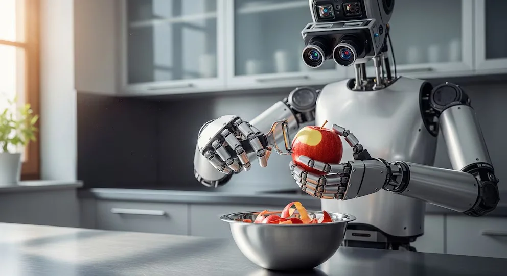 robot pelando manzana